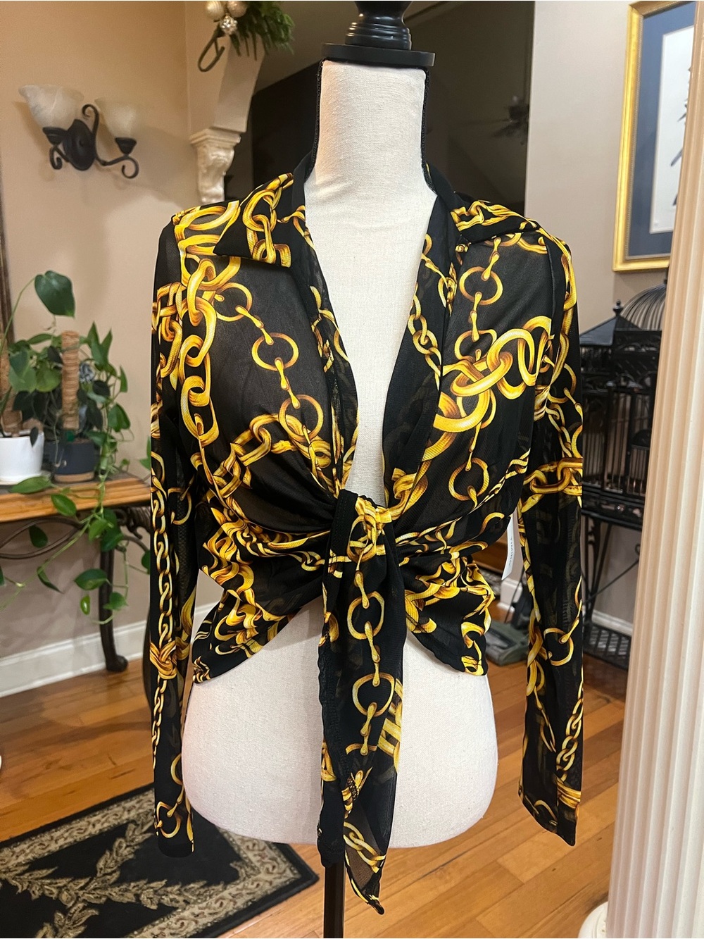 Black Sheer Chain-Print Tie Front Blouse/Cover Up